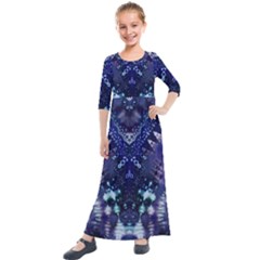 Blue Fractal Lace Tie Dye Kids  Quarter Sleeve Maxi Dress by KirstenStar