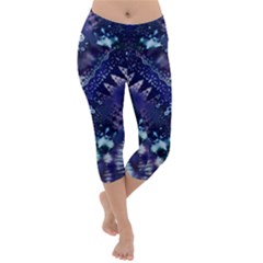 Blue Fractal Lace Tie Dye Lightweight Velour Capri Yoga Leggings by KirstenStar