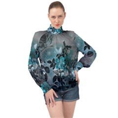 Elegant Floral Design With Butterflies High Neck Long Sleeve Chiffon Top by FantasyWorld7