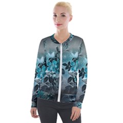 Elegant Floral Design With Butterflies Velour Zip Up Jacket