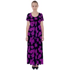 Dark Botanical Motif Print Pattern High Waist Short Sleeve Maxi Dress