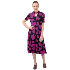 Dark Botanical Motif Print Pattern Keyhole Neckline Chiffon Dress