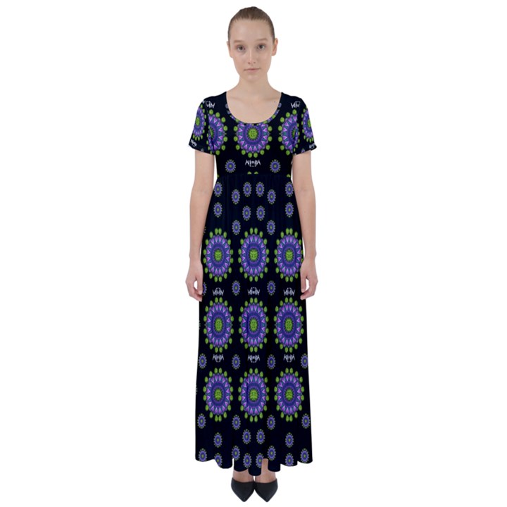 Lilies And Decorative Stars Of Freedom High Waist Short Sleeve Maxi Dress