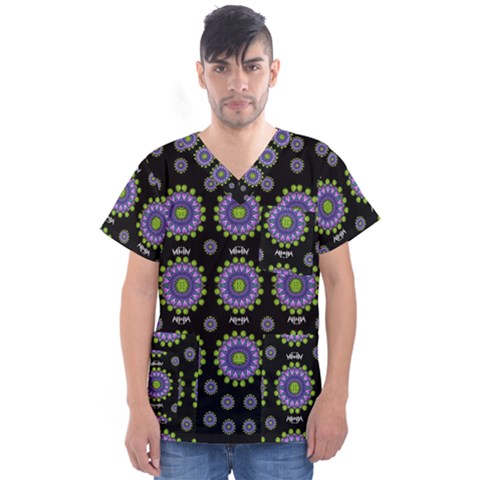 Lilies And Decorative Stars Of Freedom Men s V-neck Scrub Top by pepitasart