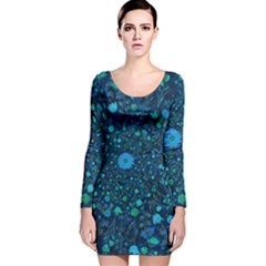 Light Blue Medieval Flowers Long Sleeve Velvet Bodycon Dress