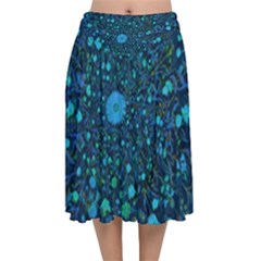 Light Blue Medieval Flowers Velvet Flared Midi Skirt