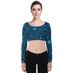 Light Blue Medieval Flowers Velvet Long Sleeve Crop Top