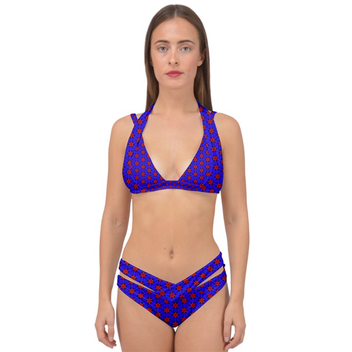 Blue Pattern Red Texture Double Strap Halter Bikini Set