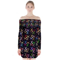 Scissors Pattern Colorful Prismatic Long Sleeve Off Shoulder Dress