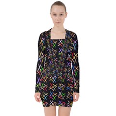 Scissors Pattern Colorful Prismatic V-neck Bodycon Long Sleeve Dress