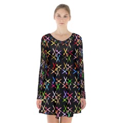 Scissors Pattern Colorful Prismatic Long Sleeve Velvet V-neck Dress