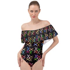 Scissors Pattern Colorful Prismatic Off Shoulder Velour Bodysuit 