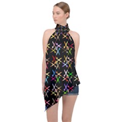 Scissors Pattern Colorful Prismatic Halter Asymmetric Satin Top