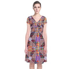 Decorated Colorful Bright Pattern Short Sleeve Front Wrap Dress