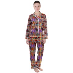 Decorated Colorful Bright Pattern Satin Long Sleeve Pyjamas Set