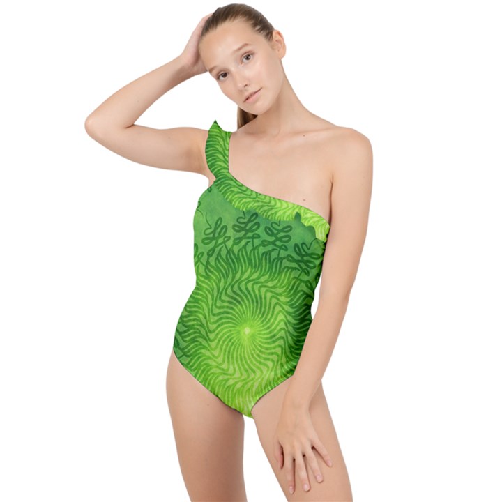 Pagan Mandala Seamless Tileable Green Frilly One Shoulder Swimsuit