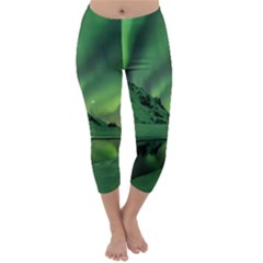 Snow Winter White Cold Weather Green Aurora Capri Winter Leggings  by Pakrebo