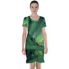 Snow Winter White Cold Weather Green Aurora Short Sleeve Nightdress by Pakrebo