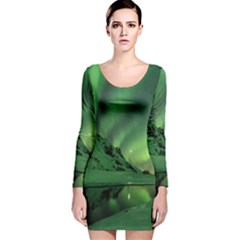 Snow Winter White Cold Weather Green Aurora Long Sleeve Velvet Bodycon Dress by Pakrebo