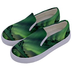 Snow Winter White Cold Weather Green Aurora Kids  Canvas Slip Ons by Pakrebo