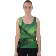 Snow Winter White Cold Weather Green Aurora Velvet Tank Top by Pakrebo