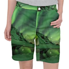 Snow Winter White Cold Weather Green Aurora Pocket Shorts by Pakrebo