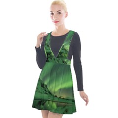 Snow Winter White Cold Weather Green Aurora Plunge Pinafore Velour Dress by Pakrebo