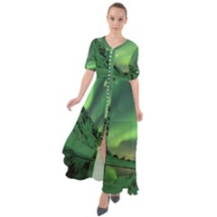 Snow Winter White Cold Weather Green Aurora Waist Tie Boho Maxi Dress by Pakrebo