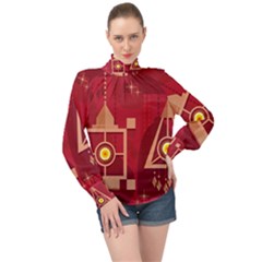 Background Objects Stylized High Neck Long Sleeve Chiffon Top