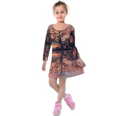 Aurora Sunset Sun Landscape Kids  Long Sleeve Velvet Dress