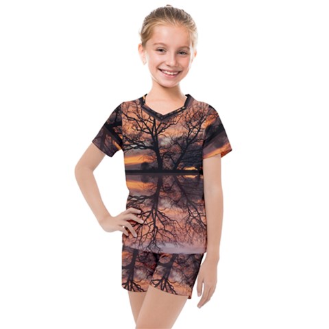 Aurora Sunset Sun Landscape Kids  Mesh Tee And Shorts Set by Pakrebo