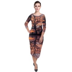 Aurora Sunset Sun Landscape Quarter Sleeve Midi Velour Bodycon Dress by Pakrebo