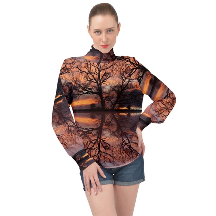 Aurora Sunset Sun Landscape High Neck Long Sleeve Chiffon Top