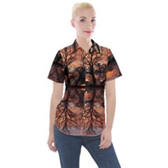 Aurora Sunset Sun Landscape Women s Short Sleeve Pocket Shirt