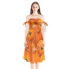 Pumpkin Halloween Fall Thanksgiving Shoulder Tie Bardot Midi Dress by Pakrebo