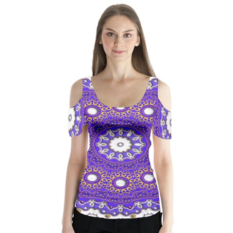 Mandala Abstract Design Pattern Blue Butterfly Sleeve Cutout Tee  by Pakrebo