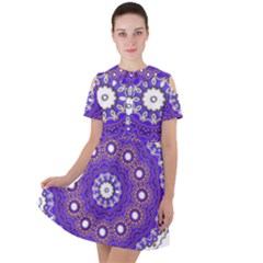 Mandala Abstract Design Pattern Blue Short Sleeve Shoulder Cut Out Dress  by Pakrebo