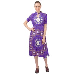 Mandala Abstract Design Pattern Blue Keyhole Neckline Chiffon Dress