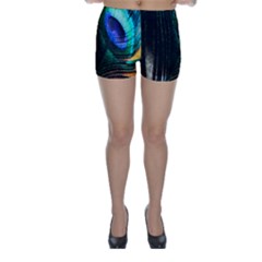 Green And Blue Peacock Feather Skinny Shorts by Pakrebo