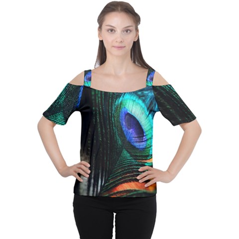 Green And Blue Peacock Feather Cutout Shoulder Tee by Pakrebo