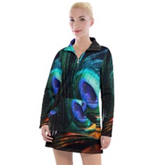 Green And Blue Peacock Feather Women s Long Sleeve Casual Dress by Pakrebo