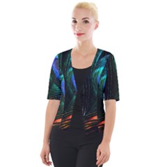 Green And Blue Peacock Feather Cropped Button Cardigan by Pakrebo