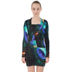 Green And Blue Peacock Feather V-neck Bodycon Long Sleeve Dress by Pakrebo