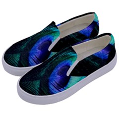 Green And Blue Peacock Feather Kids  Canvas Slip Ons by Pakrebo