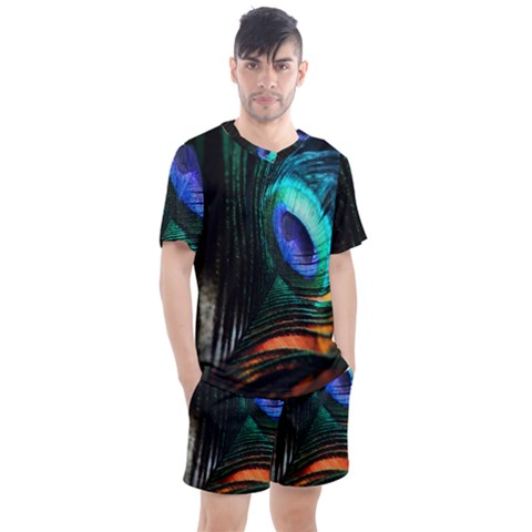 Green And Blue Peacock Feather Men s Mesh Tee And Shorts Set by Pakrebo