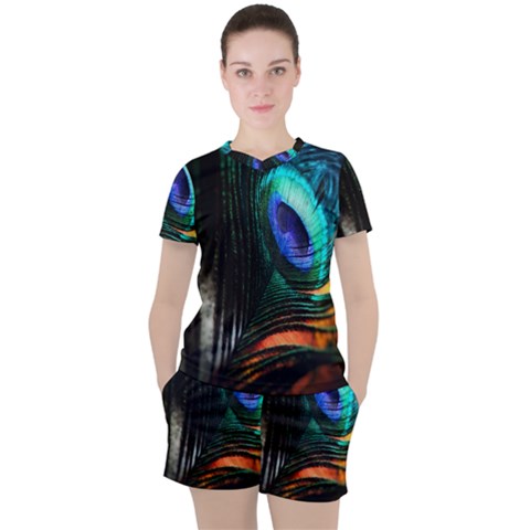 Green And Blue Peacock Feather Women s Tee And Shorts Set by Pakrebo