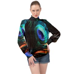 Green And Blue Peacock Feather High Neck Long Sleeve Chiffon Top by Pakrebo