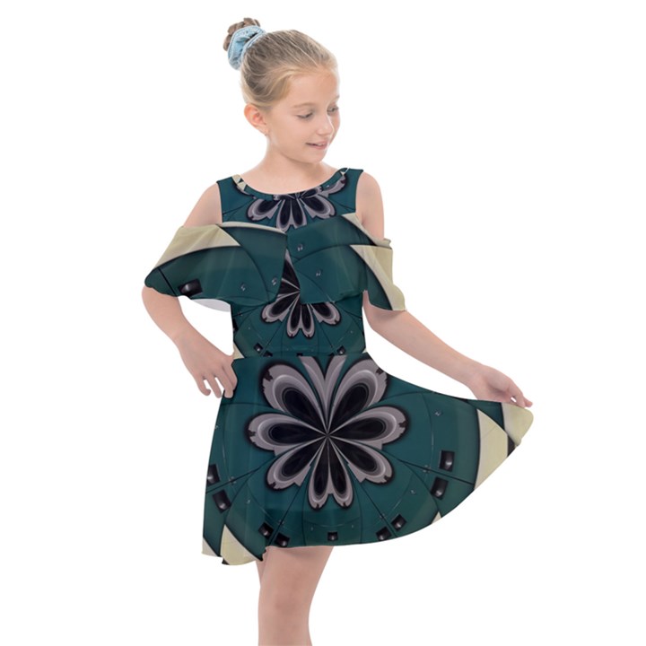 Green And White Pattern Kids  Shoulder Cutout Chiffon Dress