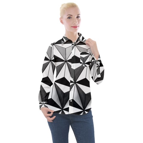 Black And White Diamond Shape Wallpaper Women s Long Sleeve Pocket Shirt by Pakrebo