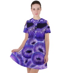 Sliced Kiwi Fruits Purple Short Sleeve Shoulder Cut Out Dress  by Pakrebo